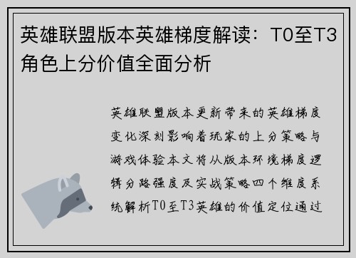 英雄联盟版本英雄梯度解读：T0至T3角色上分价值全面分析