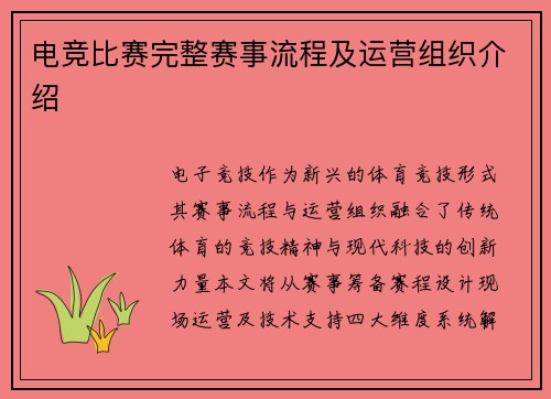 电竞比赛完整赛事流程及运营组织介绍