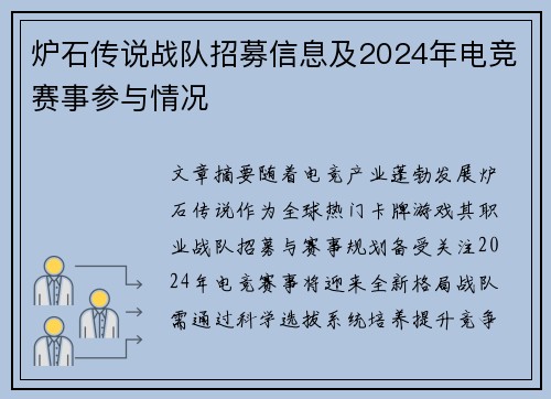 炉石传说战队招募信息及2024年电竞赛事参与情况