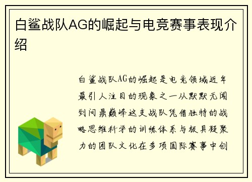 白鲨战队AG的崛起与电竞赛事表现介绍